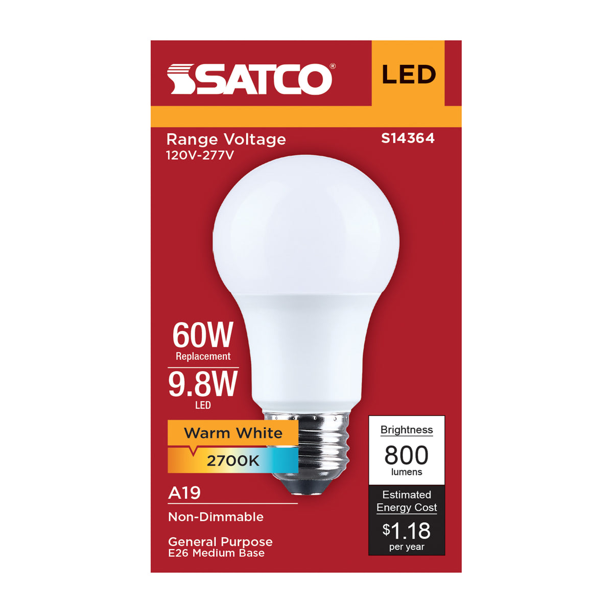 Satco S14364 9.8W A19 Warm White LED Light Bulb Medium Base