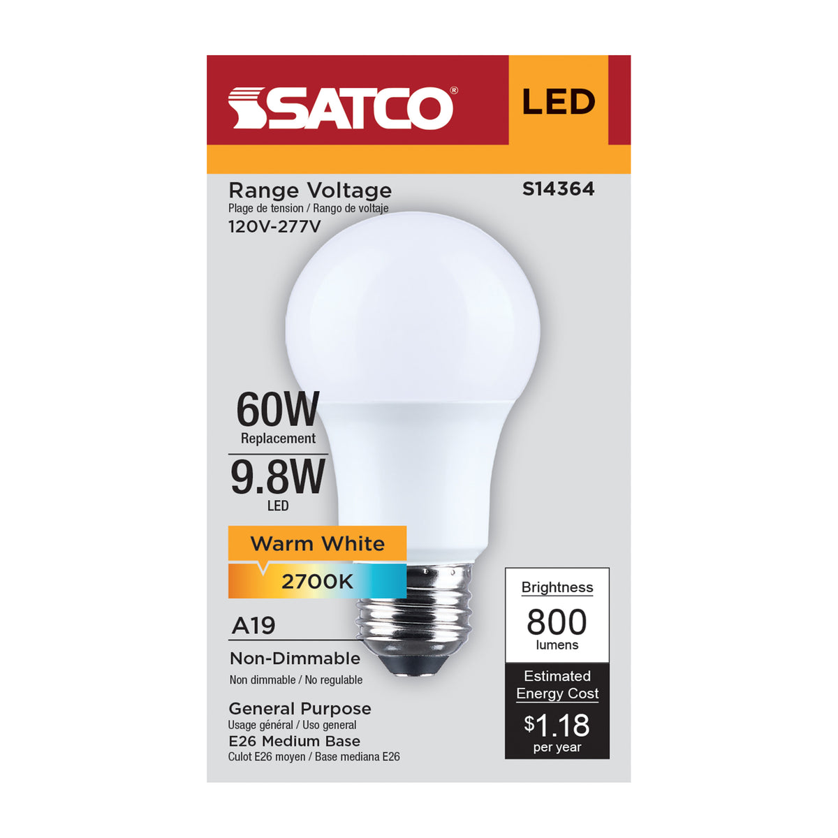 Satco S14364 9.8W A19 Warm White LED Light Bulb Medium Base