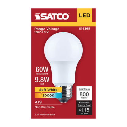 Satco S14365 9.8W A19 Soft White LED Light Bulb Medium Base