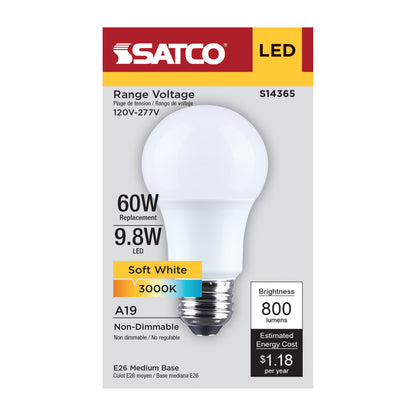 Satco S14365 9.8W A19 Soft White LED Light Bulb Medium Base
