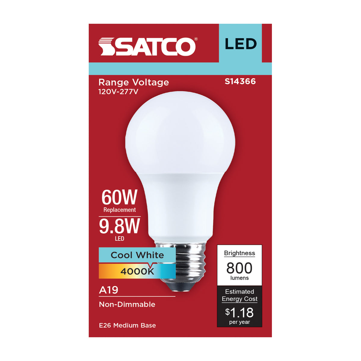 Satco S14366 9.8W A19 Cool White LED Light Bulb Medium Base