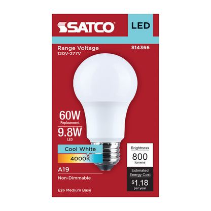Satco S14366 9.8W A19 Cool White LED Light Bulb Medium Base