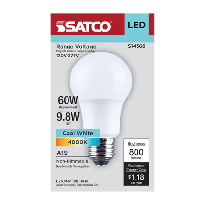 Satco S14366 9.8W A19 Cool White LED Light Bulb Medium Base