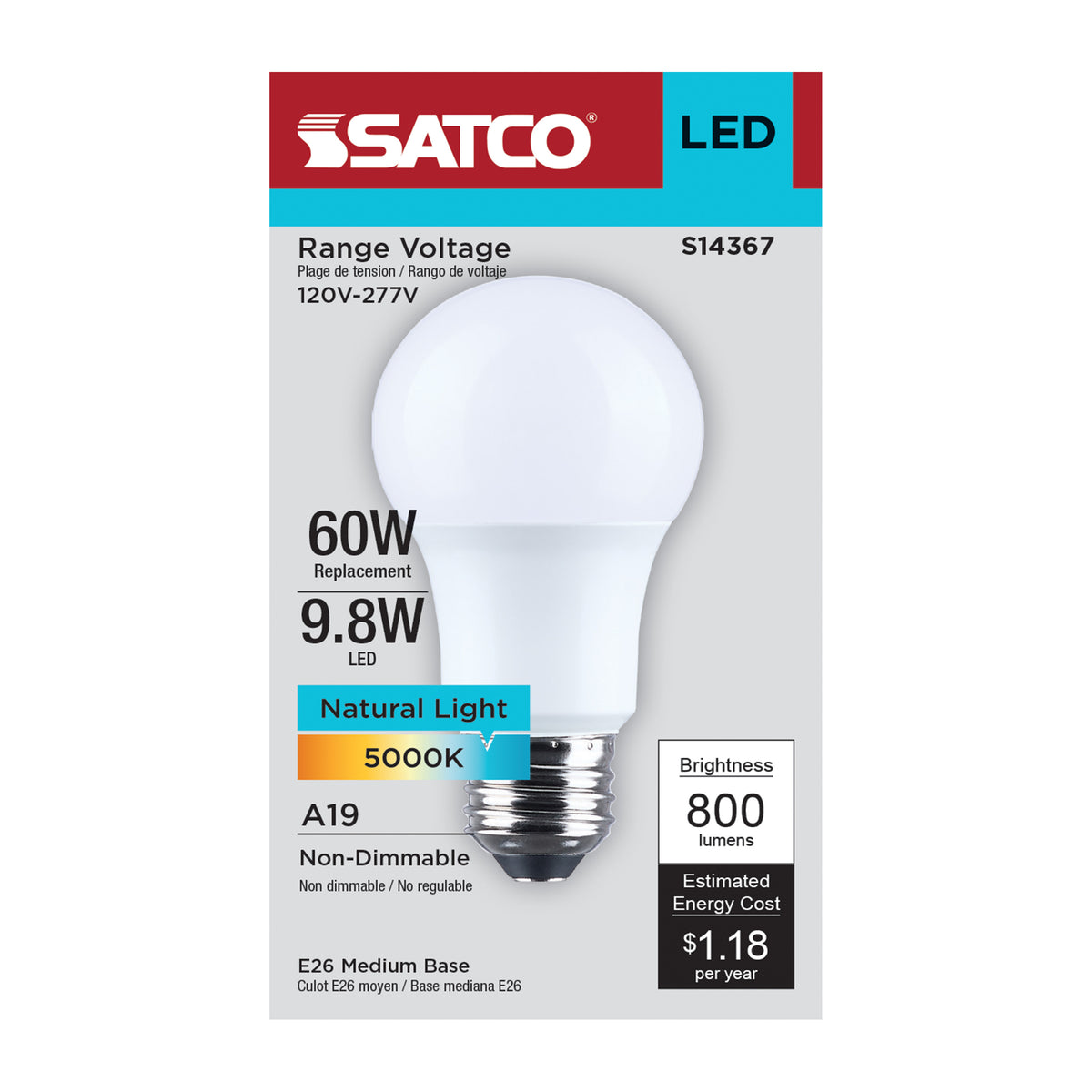 Satco S14367 9.8W A19 Natural Light LED Light Bulb Medium Base