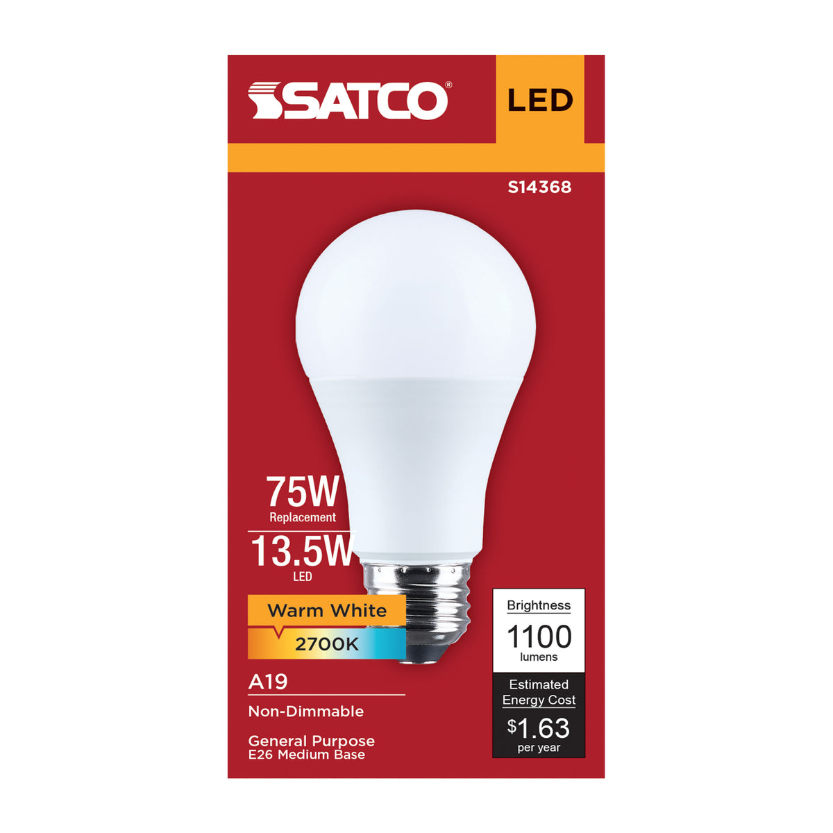 Satco S14368 13.5W A19 Warm White LED Light Bulb Medium Base