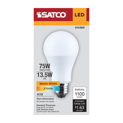 Satco S14368 13.5W A19 Warm White LED Light Bulb Medium Base