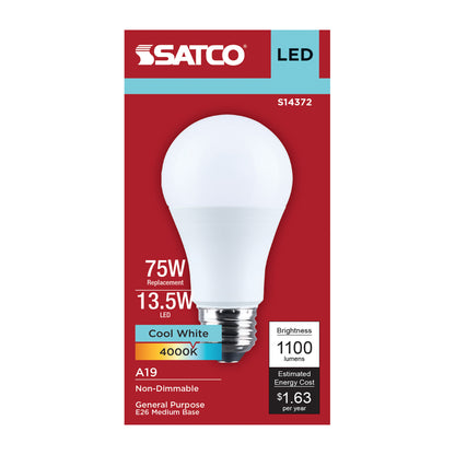 Satco S14372 13.5W A19 Cool White LED Light Bulb Medium Base