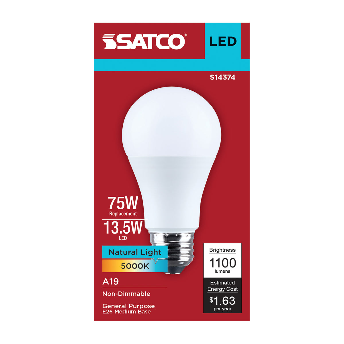 Satco S14374 13.5W A19 Natural Light LED Light Bulb Medium Base