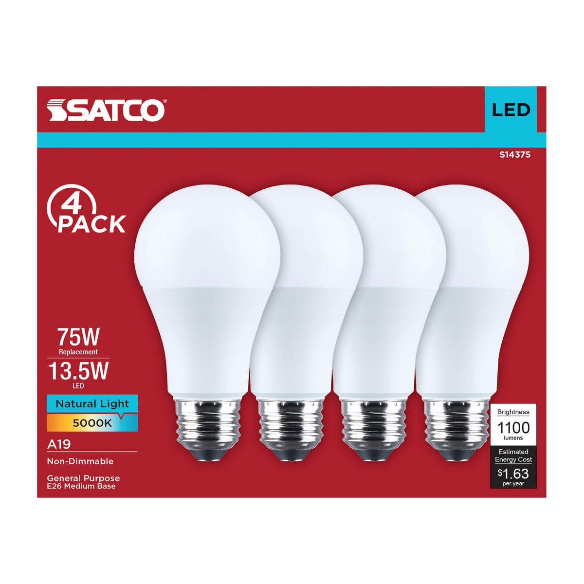 Satco S14375 13.5W A19 Natural Light LED Light Bulb Medium Base