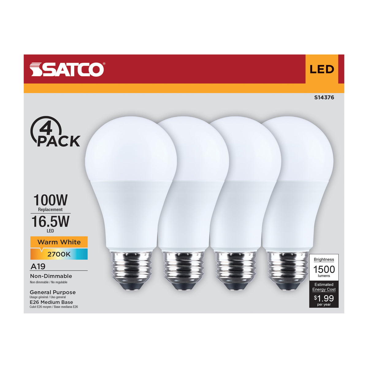 Satco S14376 16.5W A19 Warm White LED Light Bulb Medium Base
