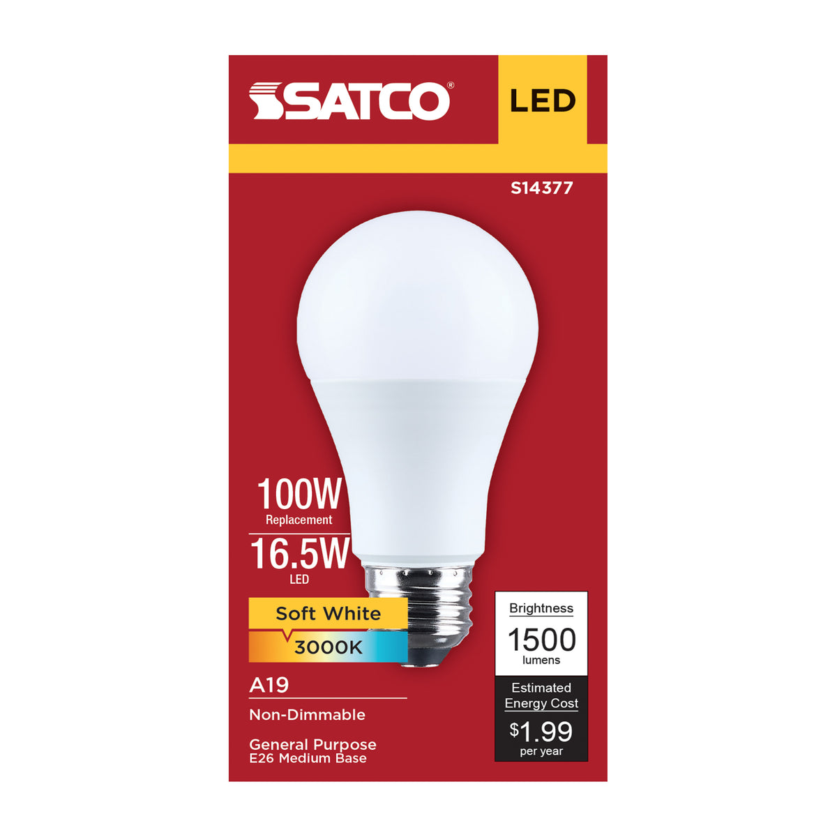 Satco S14377 16.5W A19 Soft White LED Light Bulb Medium Base