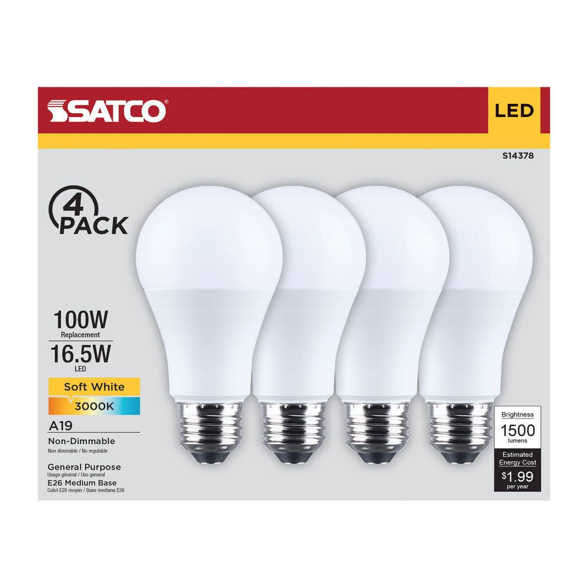 Satco S14378 16.5W A19 Soft White LED Light Bulb Medium Base