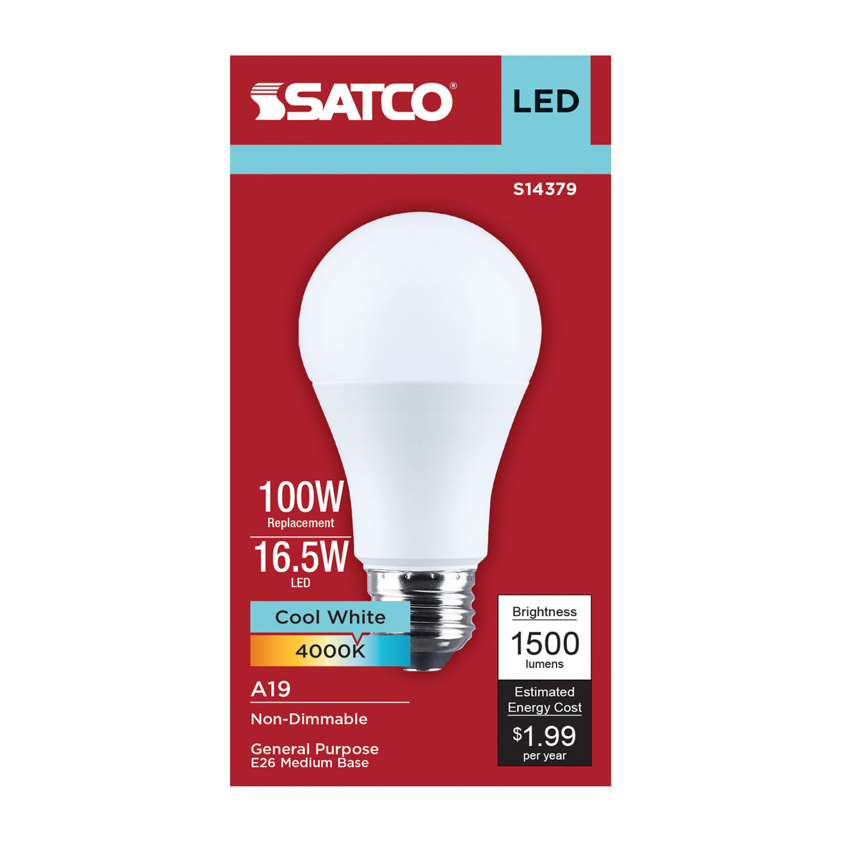 Satco S14379 16.5W A19 Cool White LED Light Bulb Medium Base