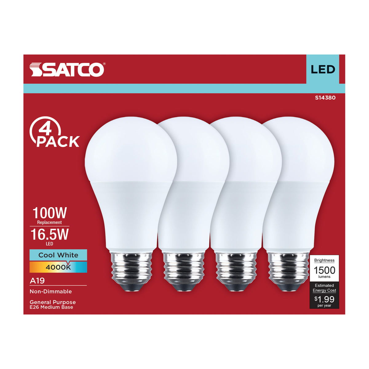 Satco S14380 16.5W A19 Cool White LED Light Bulb Medium Base