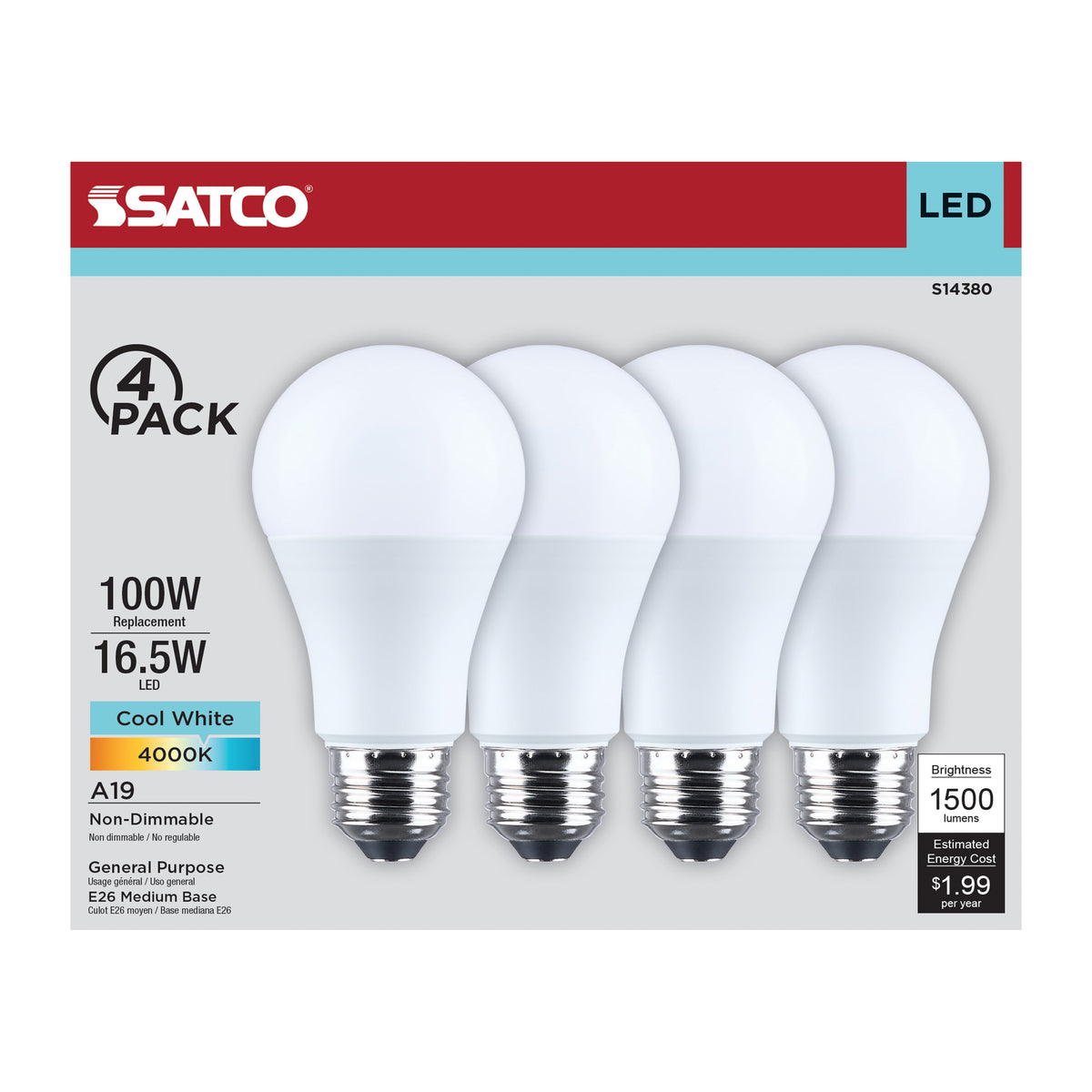 Satco S14380 16.5W A19 Cool White LED Light Bulb Medium Base