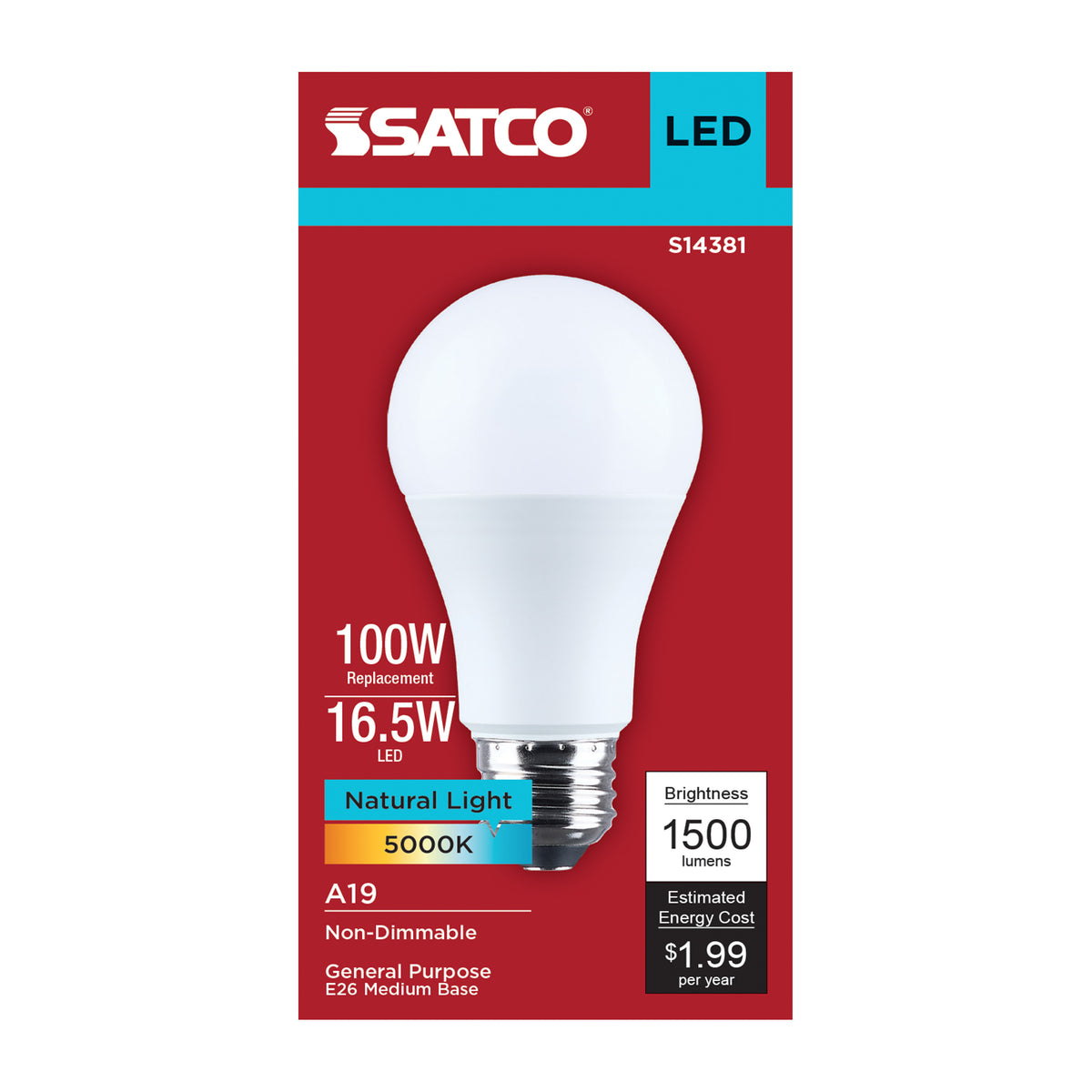 Satco S14381 16.5W A19 Natural Light LED Light Bulb Medium Base