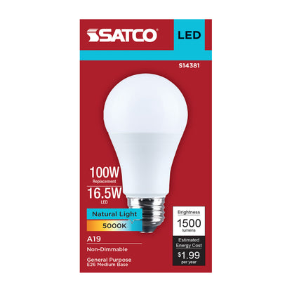 Satco S14381 16.5W A19 Natural Light LED Light Bulb Medium Base