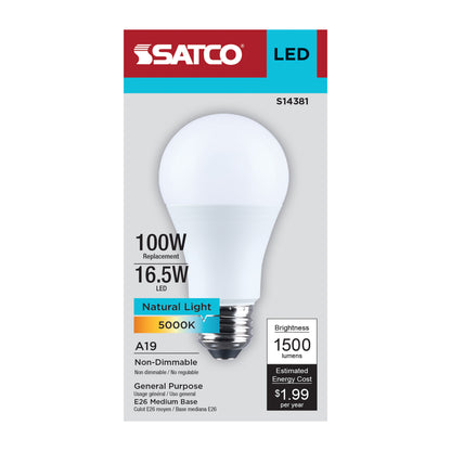 Satco S14381 16.5W A19 Natural Light LED Light Bulb Medium Base