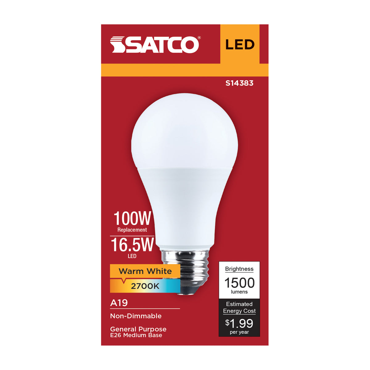 Satco S14383 16.5W A19 Warm White LED Light Bulb Medium Base