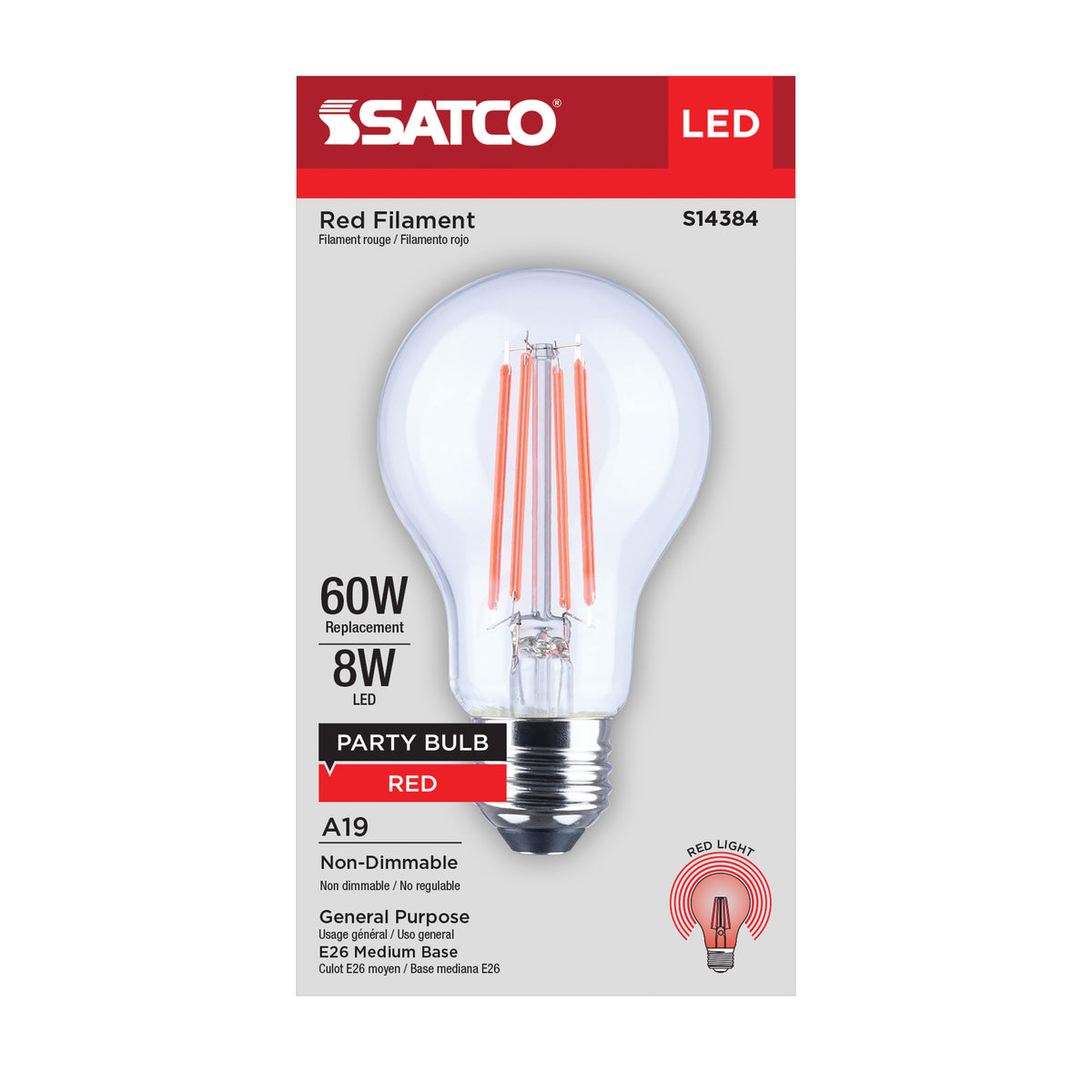 Satco S14384 8W A19 Red LED Light Bulb Medium Base