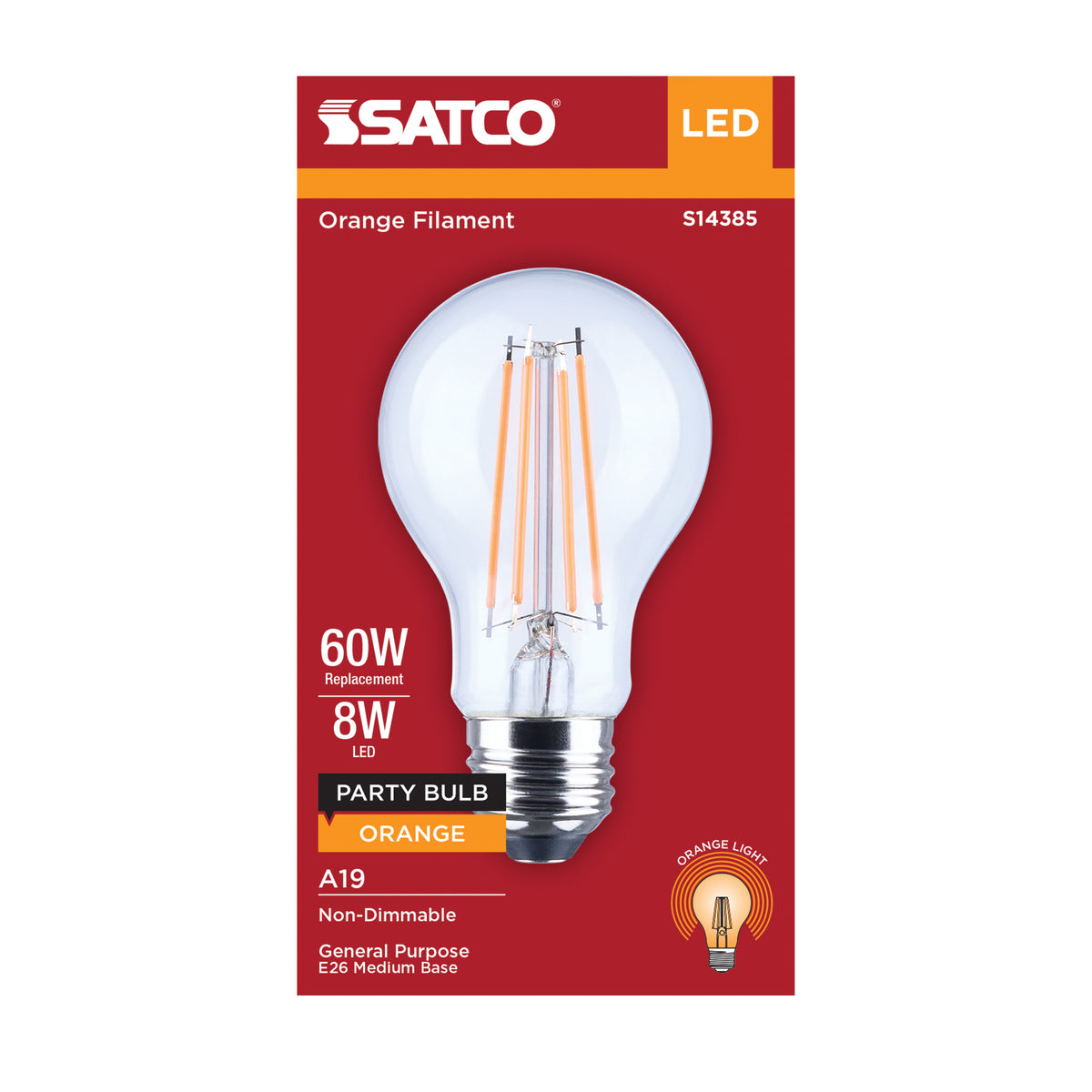 Satco S14385 8W A19 Orange LED Light Bulb Medium Base