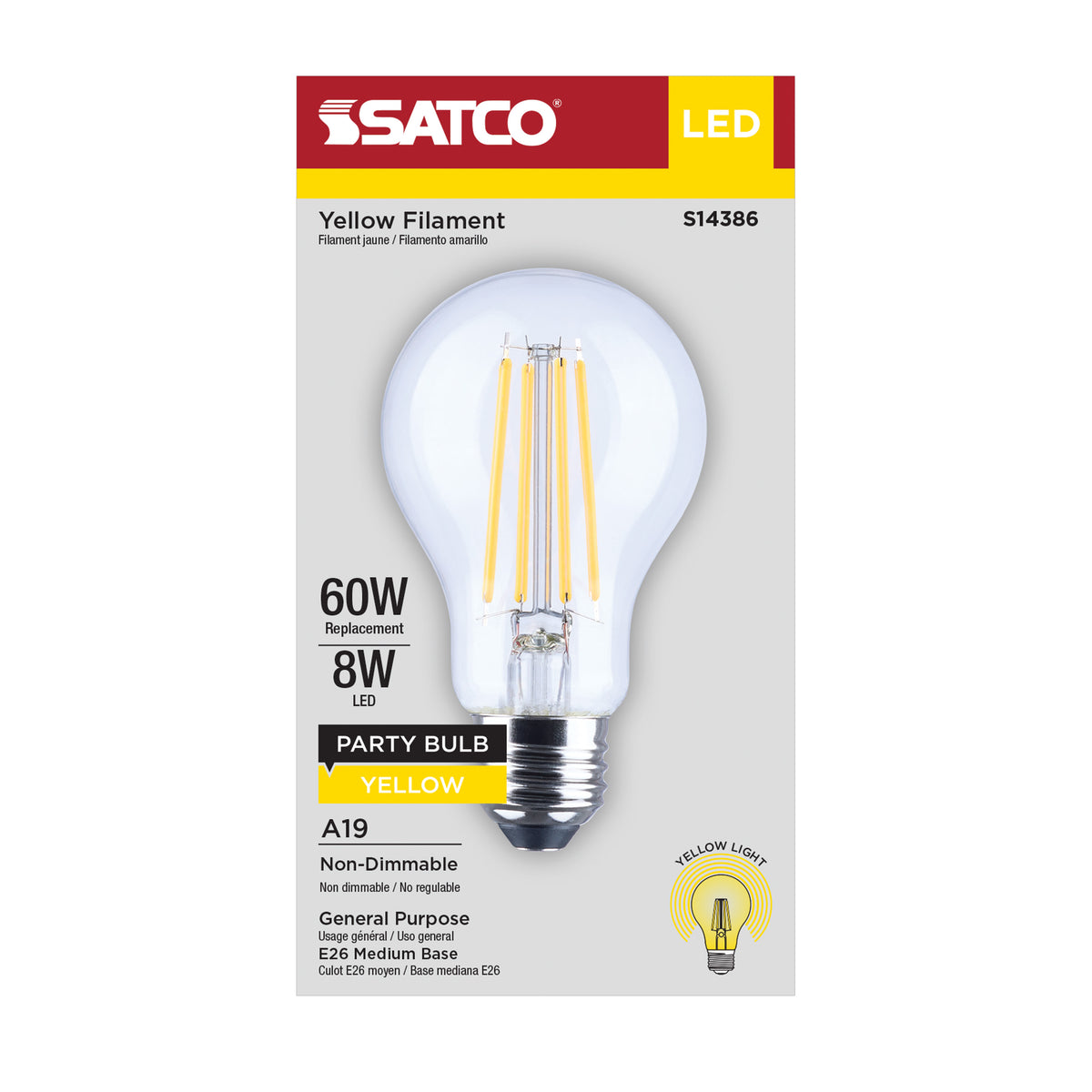 Satco S14386 8W A19 Yellow LED Light Bulb Medium Base