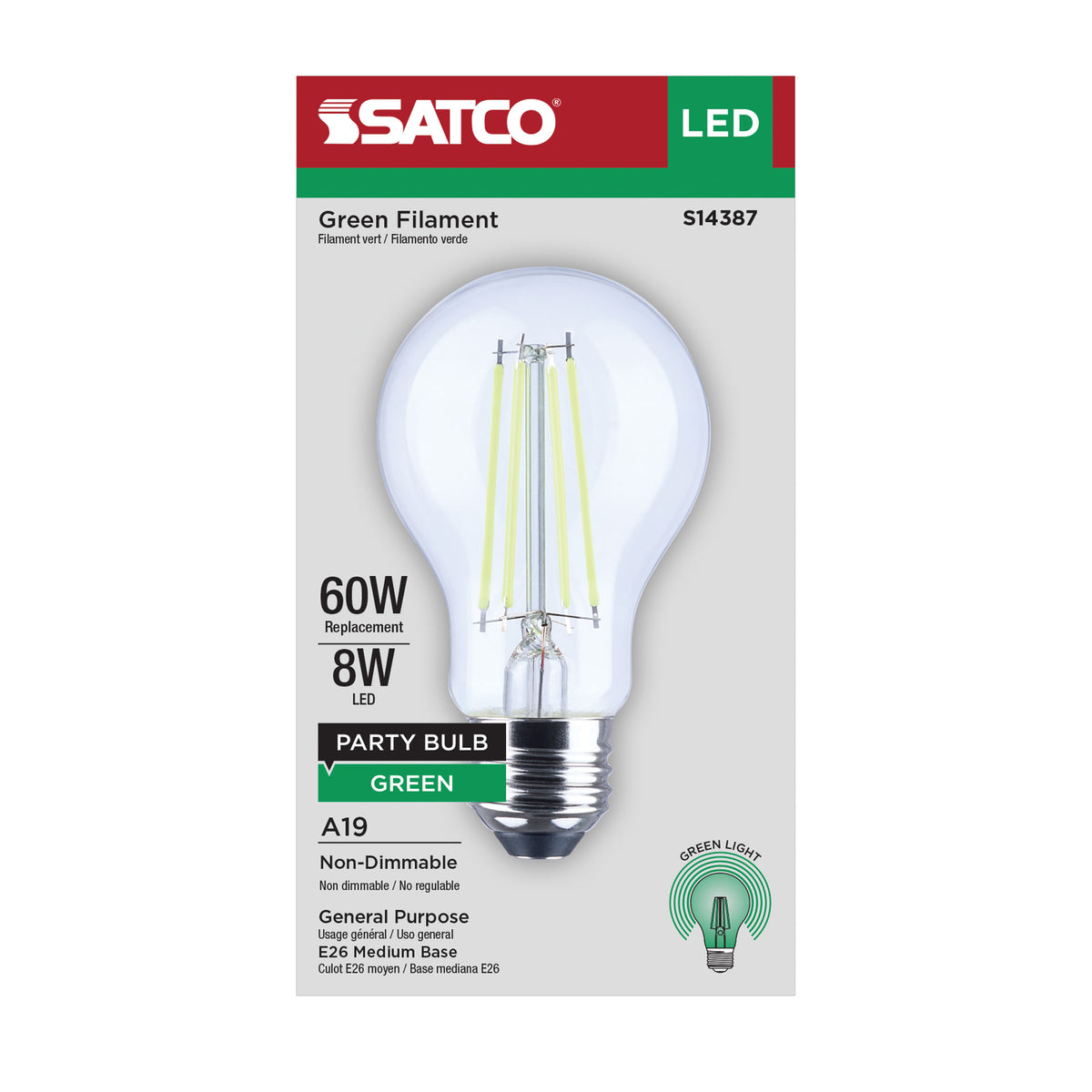 Satco S14387 8W A19 Green LED Light Bulb Medium Base