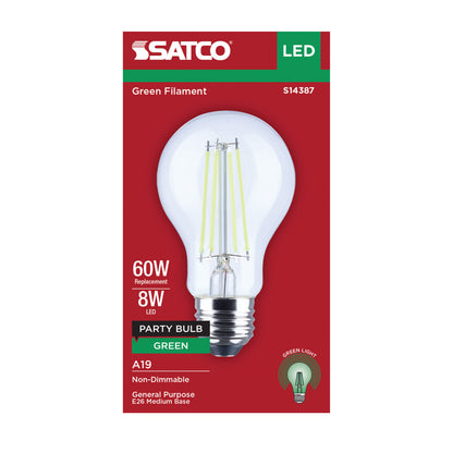 Satco S14387 8W A19 Green LED Light Bulb Medium Base