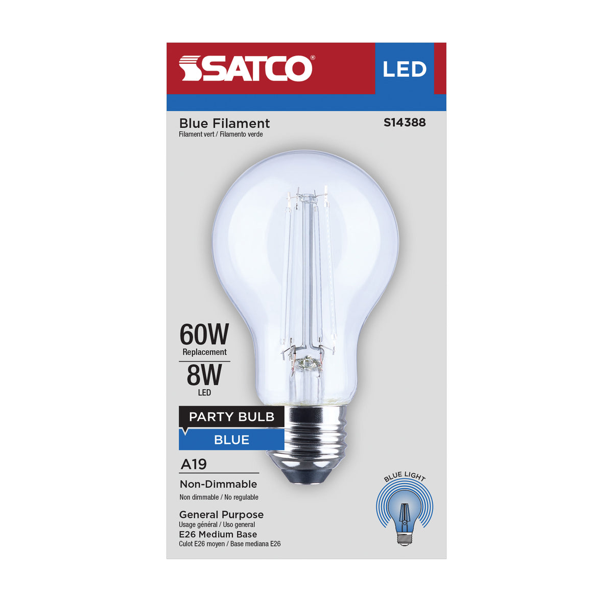 Satco S14388 8W A19 Blue LED Light Bulb Medium Base