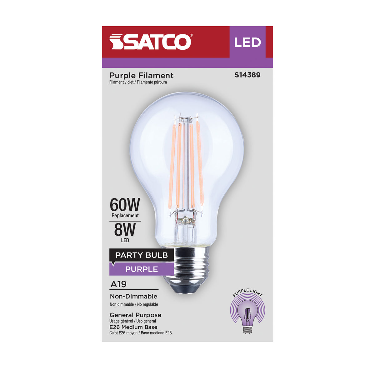 Satco S14389 8W A19 Purple LED Light Bulb Medium Base