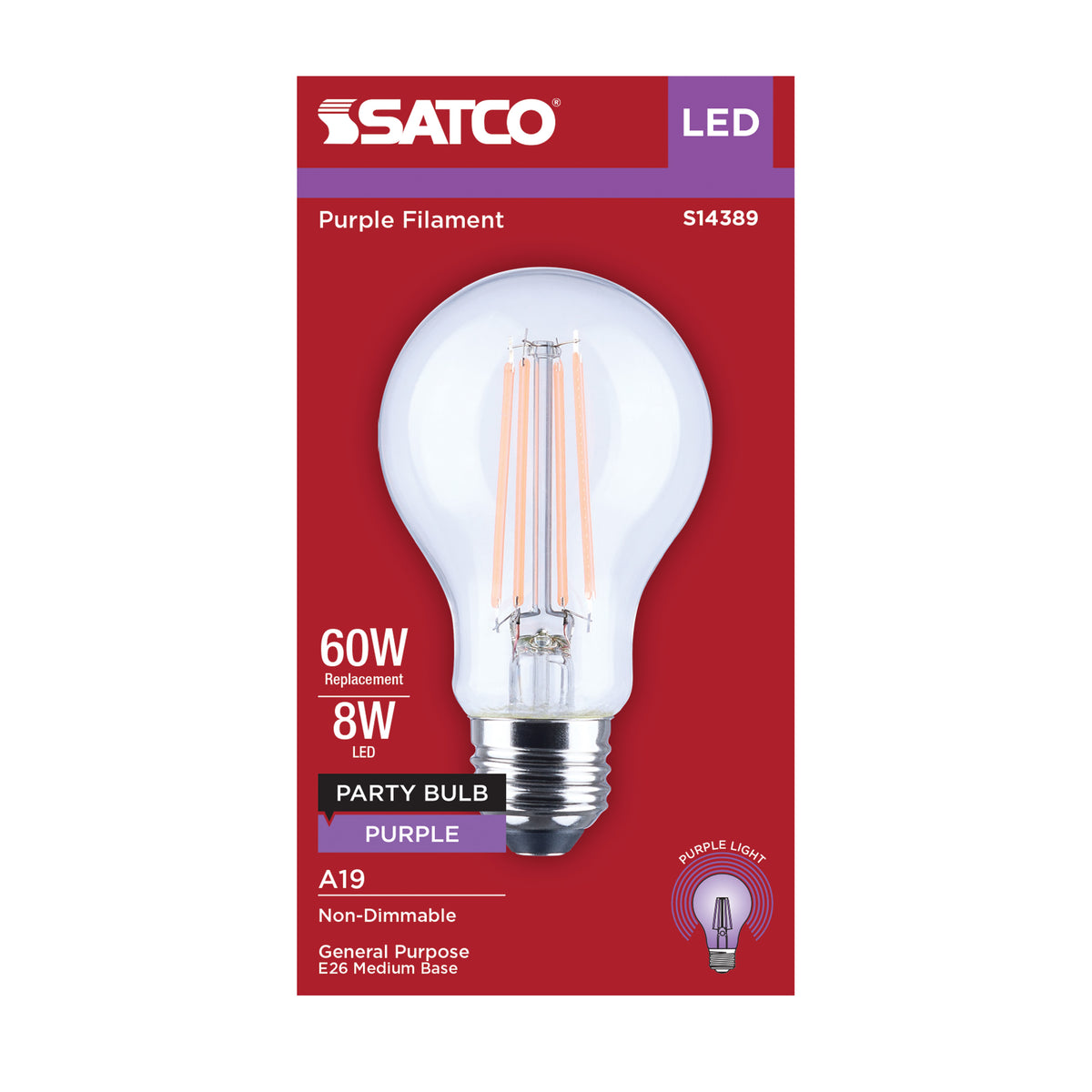 Satco S14389 8W A19 Purple LED Light Bulb Medium Base
