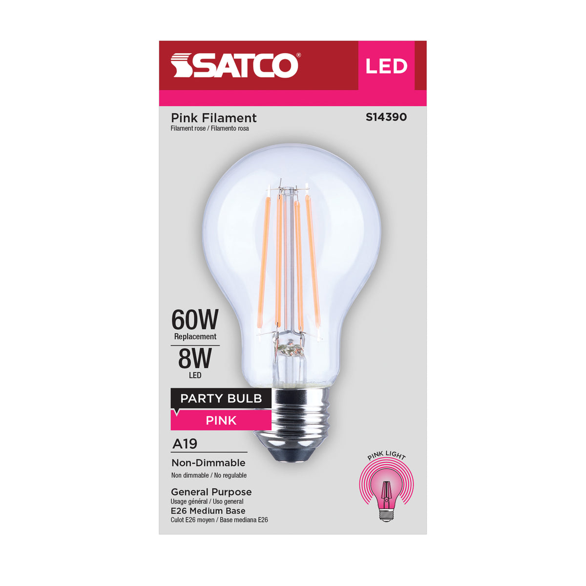 Satco S14390 8W A19 Pink LED Light Bulb Medium Base