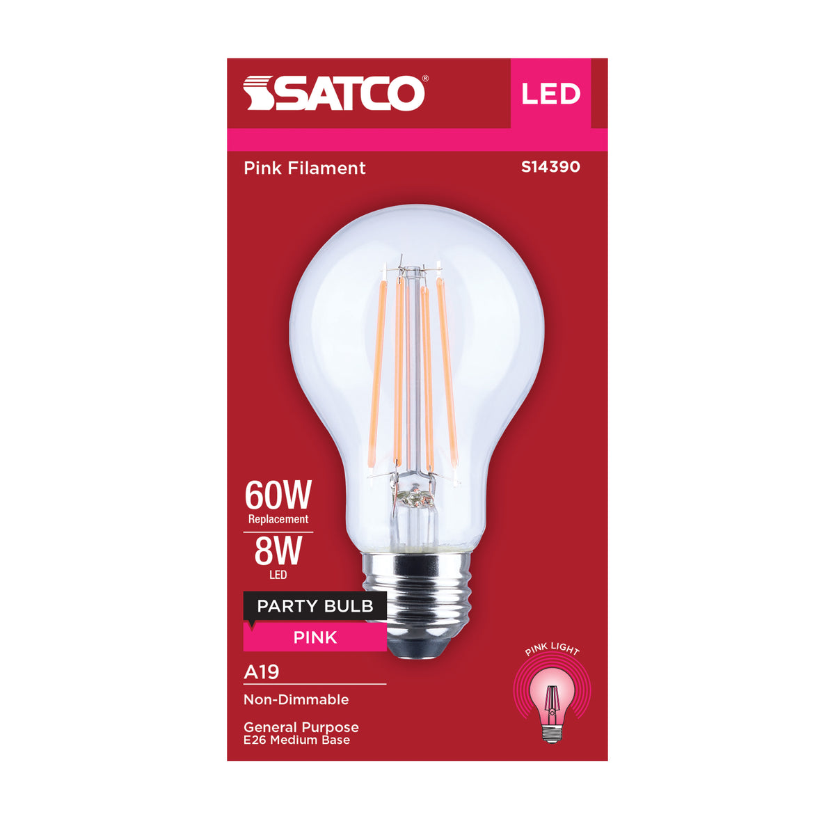 Satco S14390 8W A19 Pink LED Light Bulb Medium Base
