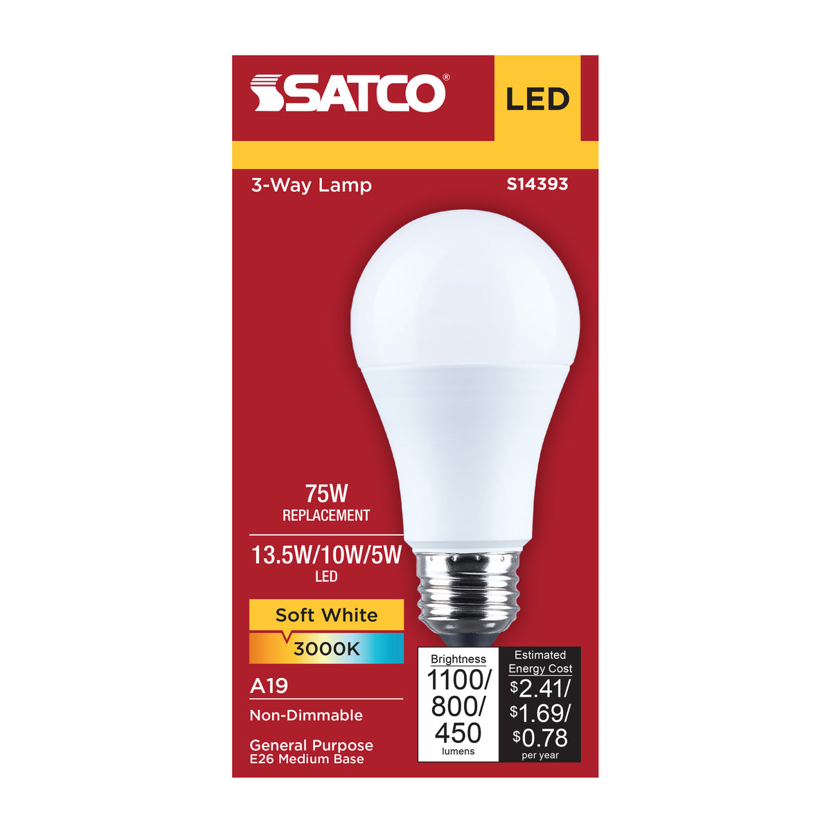 Satco S14393 13.5W/10W/5W A19 Soft White LED Light Bulb Medium Double Contact Base