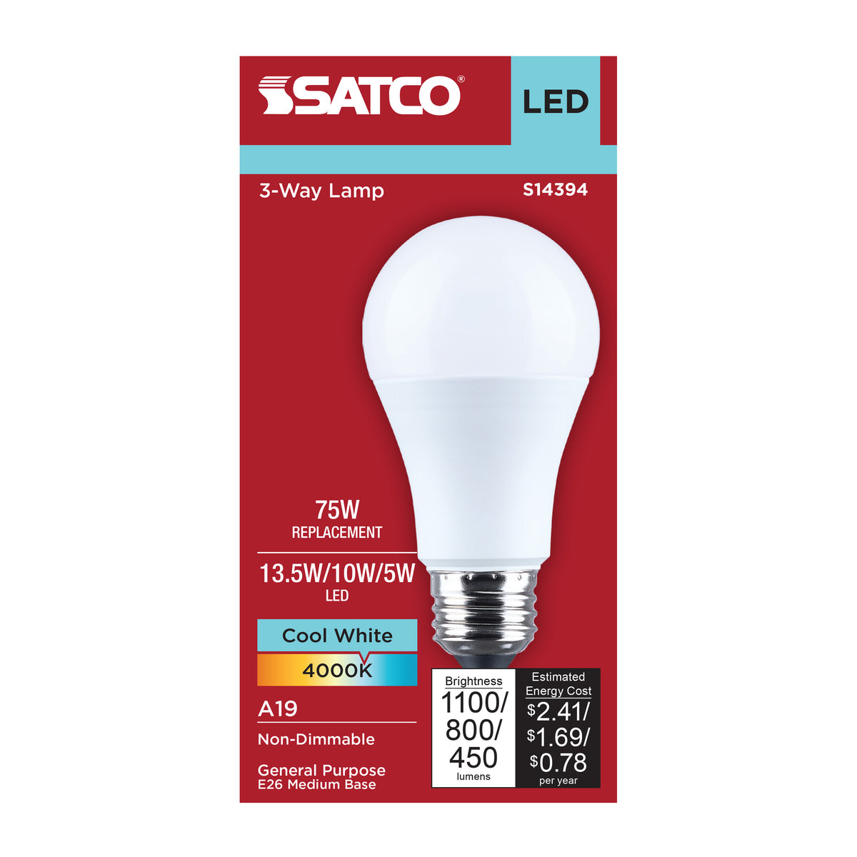 Satco S14394 13.5W/10W/5W A19 Cool White LED Light Bulb Medium Double Contact Base