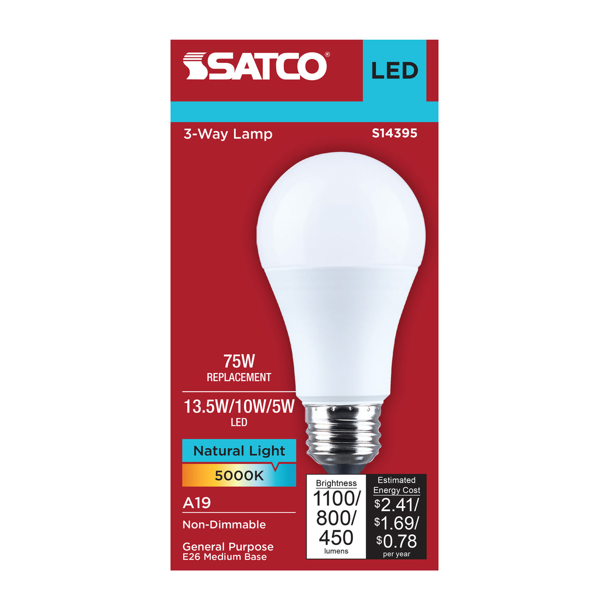 Satco S14395 13.5W/10W/5W A19 Natural Light LED Light Bulb Medium Double Contact Base