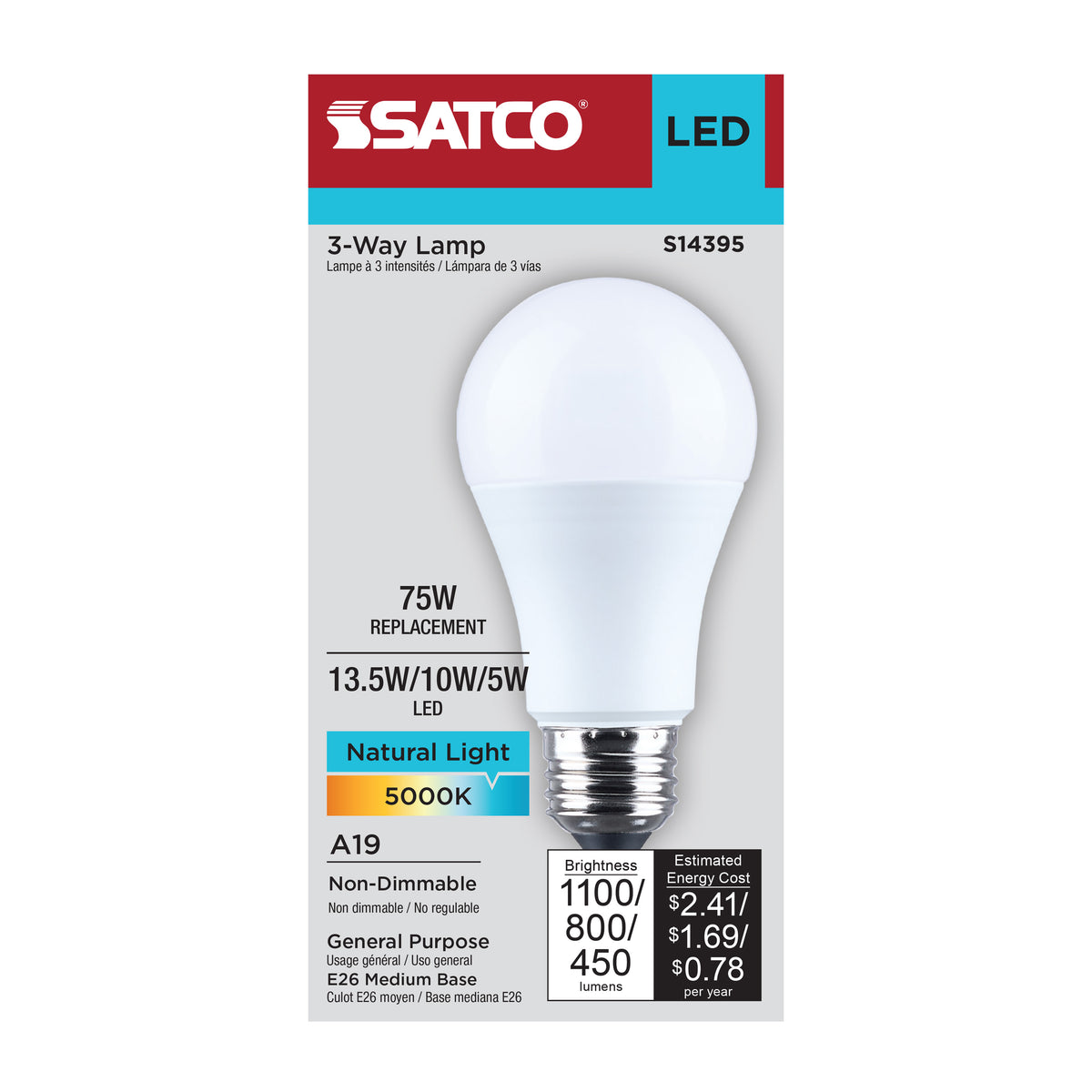 Satco S14395 13.5W/10W/5W A19 Natural Light LED Light Bulb Medium Double Contact Base