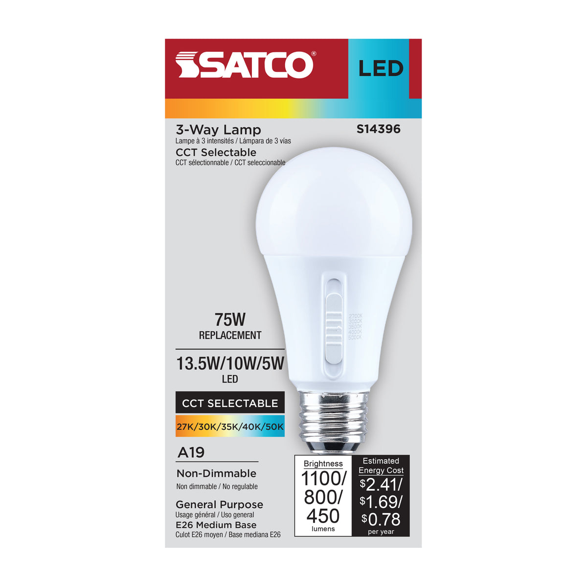 Satco S14396 13.5W/10W/5W A19 CCT Selectable LED Light Bulb Medium Double Contact Base