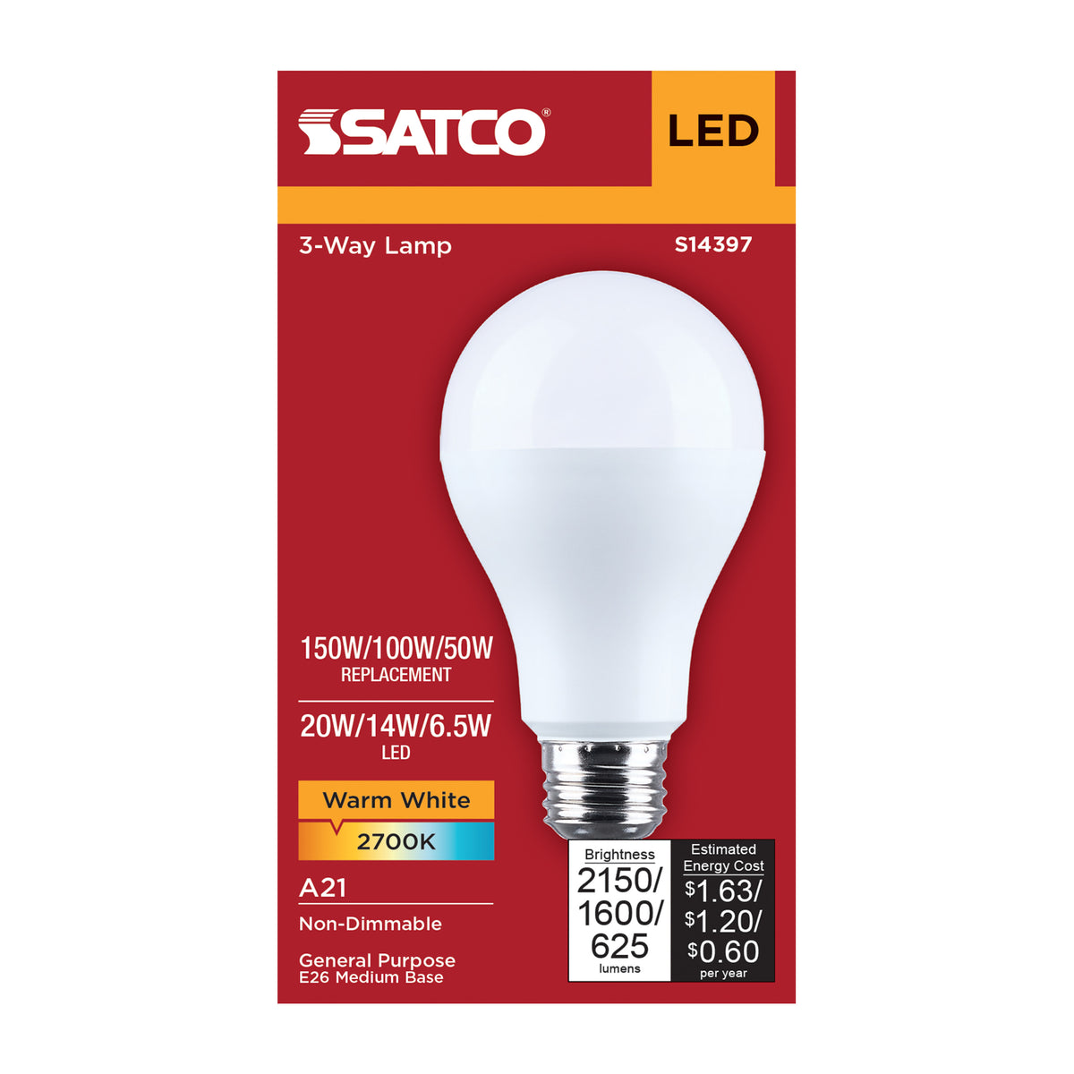 Satco S14397 20W/14W/6.5W A21 Warm White LED Light Bulb Medium Double Contact Base