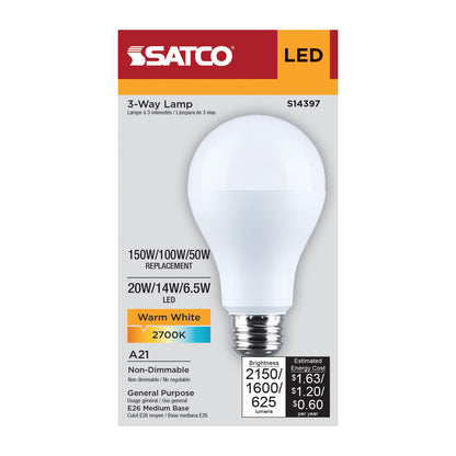 Satco S14397 20W/14W/6.5W A21 Warm White LED Light Bulb Medium Double Contact Base