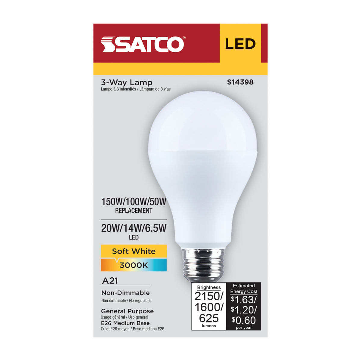 Satco S14398 20W/14W/6.5W A21 Soft White LED Light Bulb Medium Double Contact Base