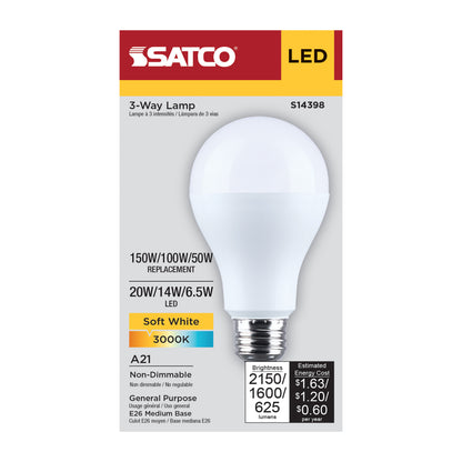 Satco S14398 20W/14W/6.5W A21 Soft White LED Light Bulb Medium Double Contact Base