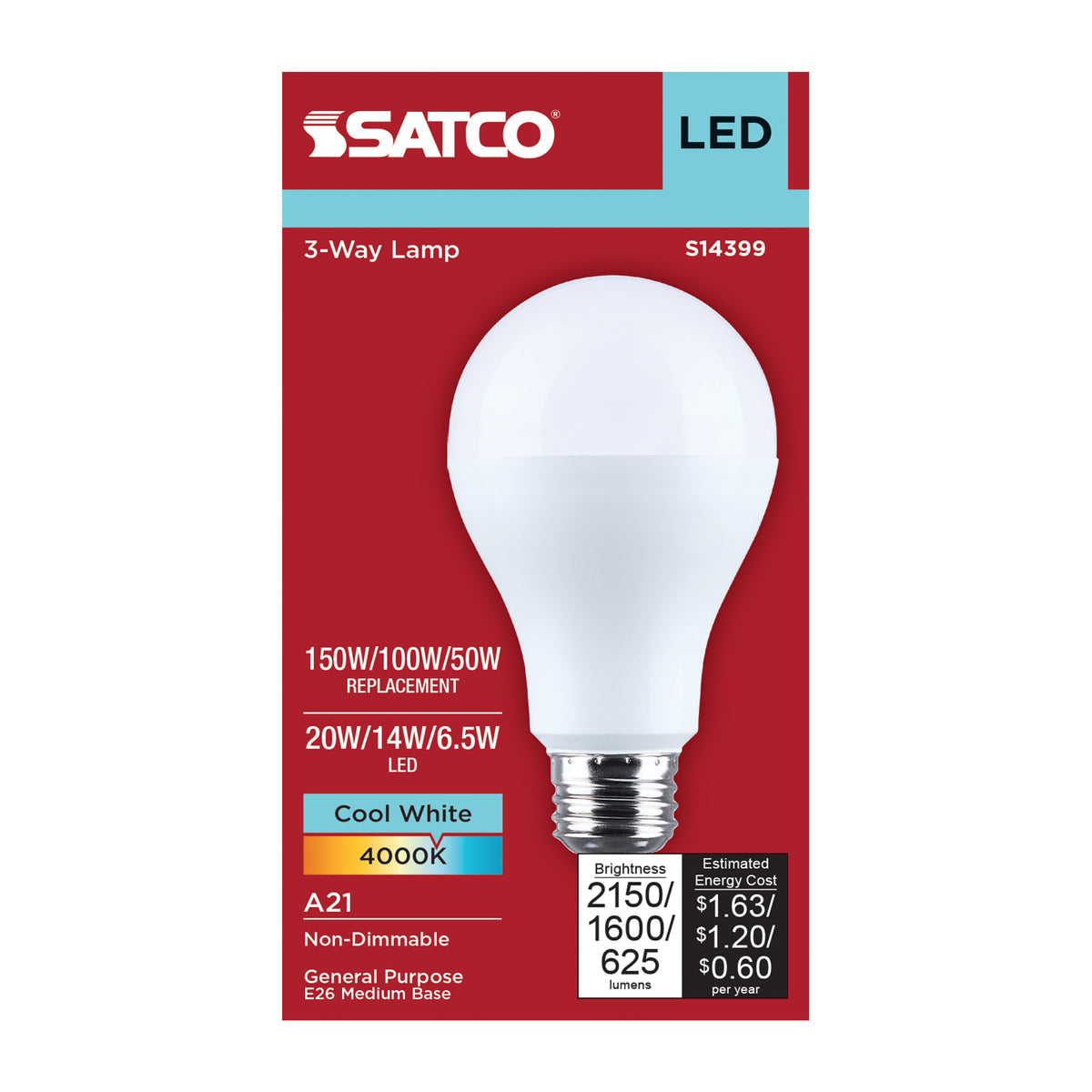 Satco S14399 20W/14W/6.5W A21 Cool White LED Light Bulb Medium Double Contact Base