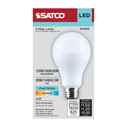 Satco S14399 20W/14W/6.5W A21 Cool White LED Light Bulb Medium Double Contact Base