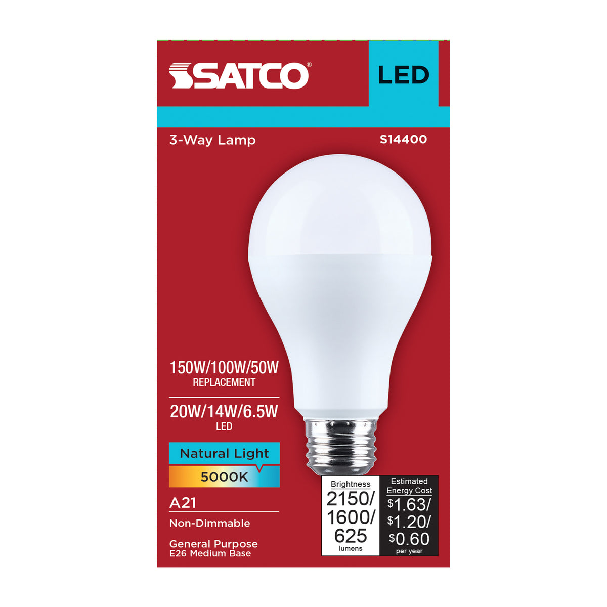 Satco S14400 20W/14W/6.5W A21 Natural Light LED Light Bulb Medium Double Contact Base