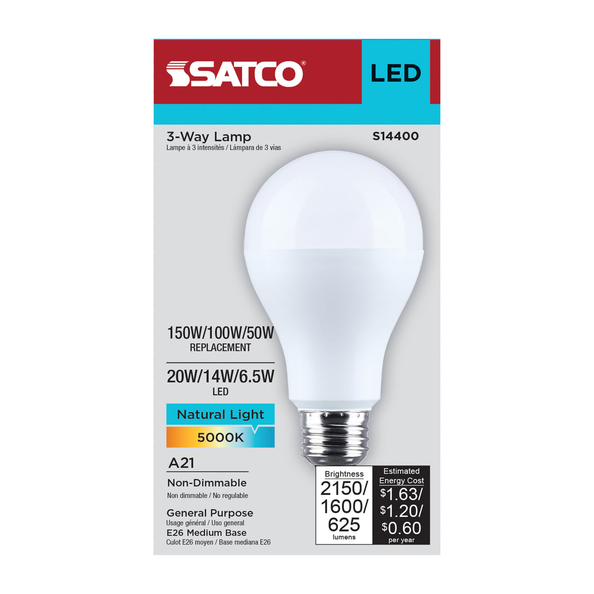Satco S14400 20W/14W/6.5W A21 Natural Light LED Light Bulb Medium Double Contact Base