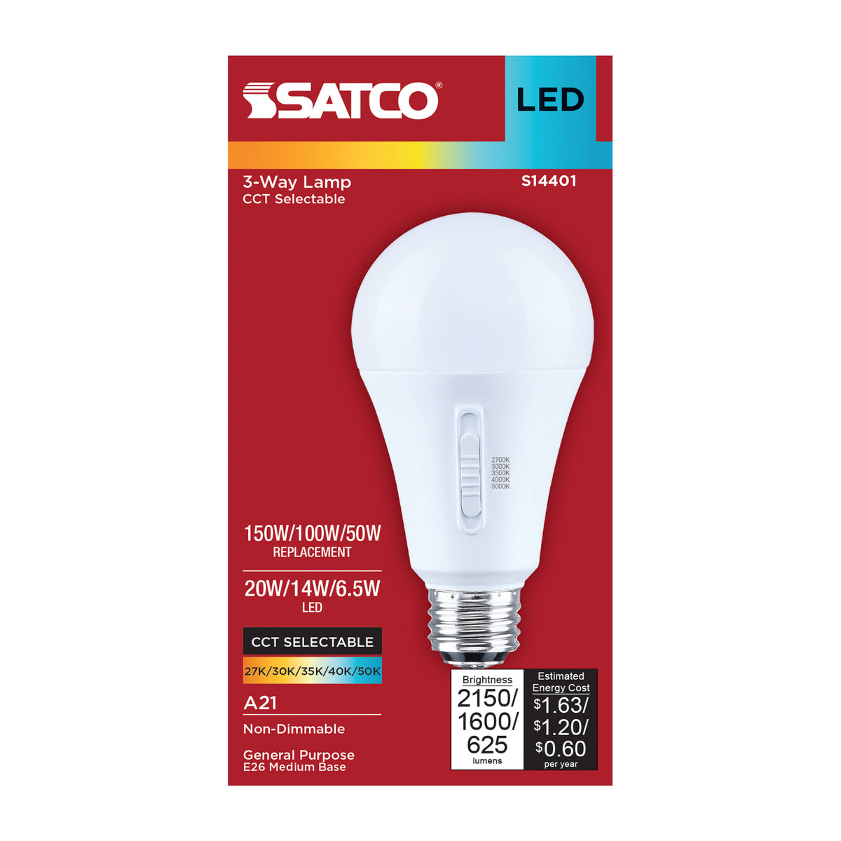 Satco S14401 20W/14W/6.5W A21 CCT Selectable LED Light Bulb Medium Double Contact Base