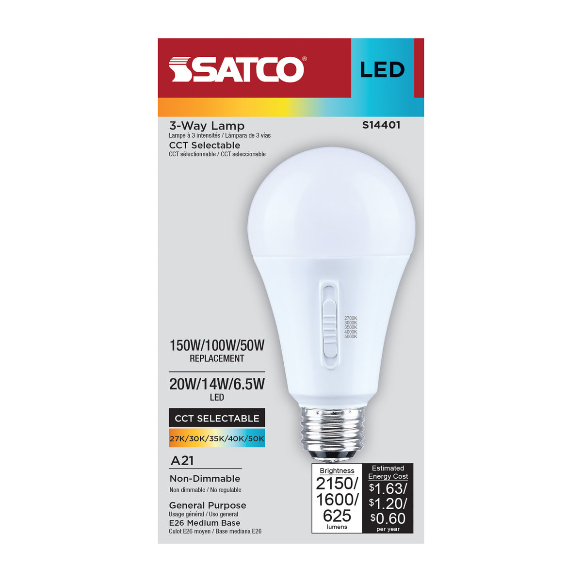 Satco S14401 20W/14W/6.5W A21 CCT Selectable LED Light Bulb Medium Double Contact Base