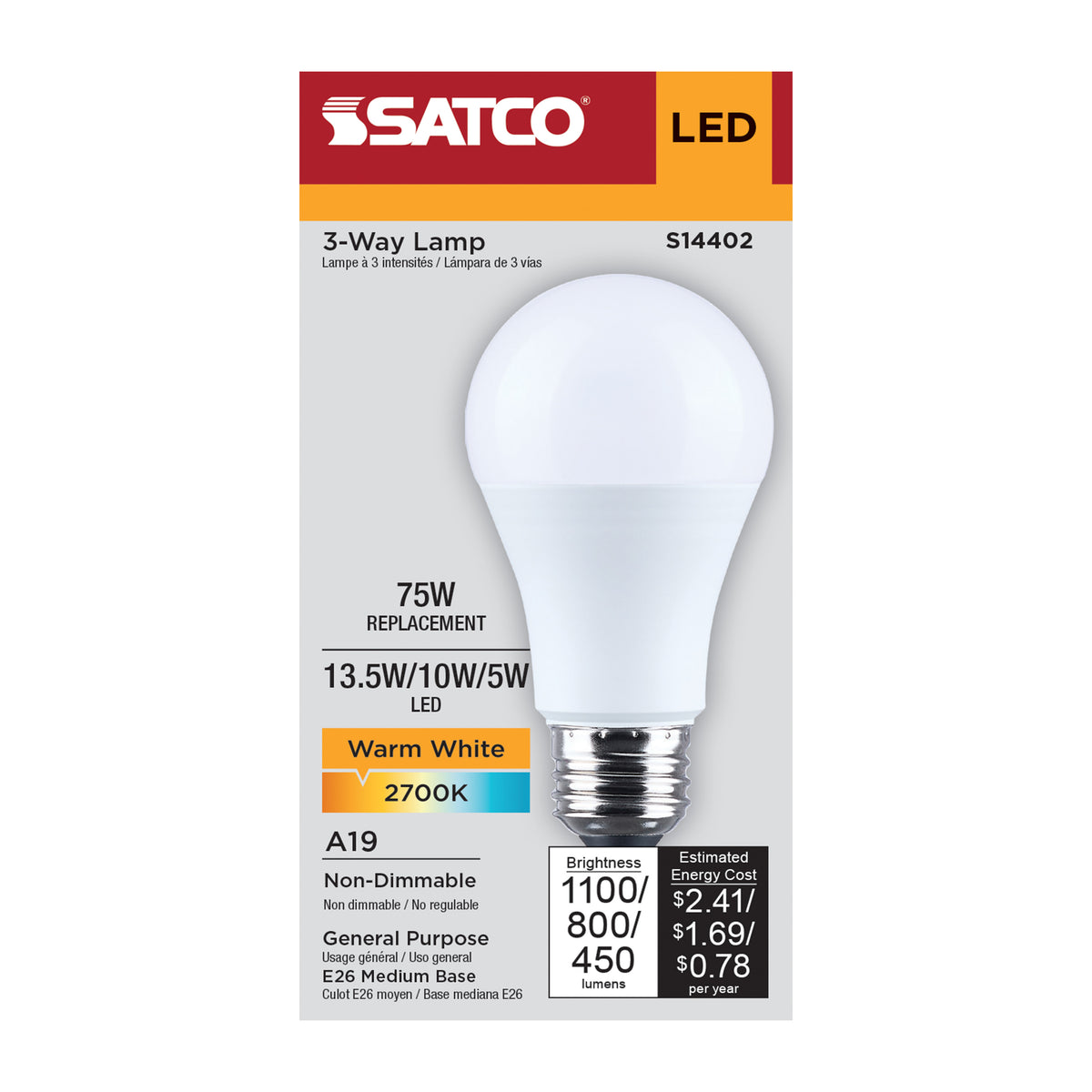 Satco S14402 13.5W/10W/5W A19 Warm White LED Light Bulb Medium Double Contact Base
