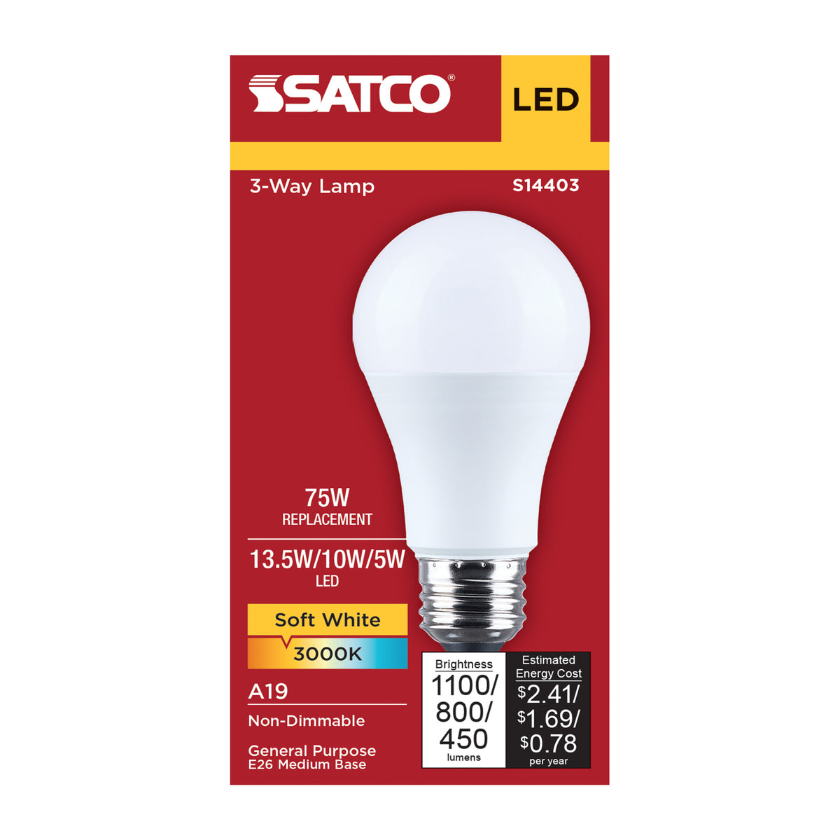 Satco S14403 13.5W/10W/5W A19 Soft White LED Light Bulb Medium Double Contact Base